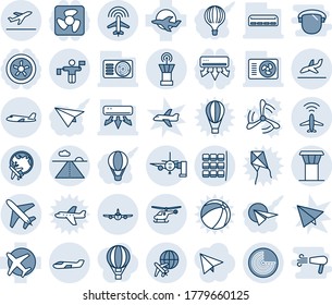 Blue tint and shade editable vector line icon set - plane vector, airport tower, radar, departure, helicopter, seat map, globe, traffic controller, runway, arrival, boarding passengers, small, fan