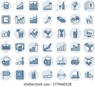 Blue tint and shade editable vector line icon set - wine vector, growth statistic, monitor, barbell, pull ups, barcode, equalizer, scanner, statistics, bar graph, alcohol, card, cocktail, phyto, ipo