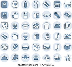 Blue tint and shade editable vector line icon set - spoon and fork vector, tea, cafe, dish, wine card, menu, coffee, plates, bacon, egg stand, bread, candle, dress code, alcove, credit, chicken, ham