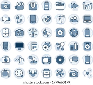 Blue tint and shade editable vector line icon set - tv vector, camera, clapboard, vinyl, archive chest, flame disk, radio, antenna, news, loudspeaker, equalizer, remote control, network, cell phone
