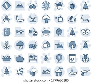 Blue tint and shade editable vector line icon set - storm vector, christmas tree, snowfall, holly, rowanberry, deer hat, watering can, butterfly, lady bug, seedling, pumpkin, seeds, caterpillar, eco