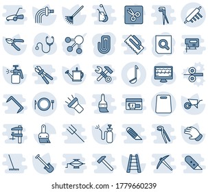 Blue tint and shade editable vector line icon set - plate spoon fork vector, document search, shovel, rake, ladder, watering can, wheelbarrow, pruner, glove, garden sprayer, monitor pulse, themes
