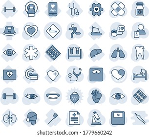 Blue tint and shade editable vector line icon set - smoking place vector, heart, diagnosis, stethoscope, blood pressure, test vial, microscope, scales, pills bottle, blister, patch, ambulance star