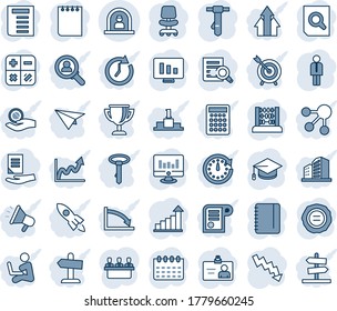 Blue tint and shade editable vector line icon set - reception vector, manager, identity card, growth statistic, office chair, calculator, document search, graduate, abacus, notepad, tie, calendar