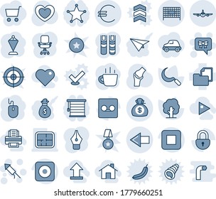 Blue tint and shade editable vector line icon set - left arrow vector, plane, fenced area, firework rocket, bow message, pennant, mouse, coffee, tree, sickle, heart, joint, folder document, rec, car