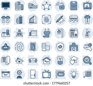 Blue tint and shade editable vector line icon set - fireplace vector, office building, monitor, phone, rent, estate search, cushioned furniture, sweet home, fridge, tv, rolling pin, eco house, water