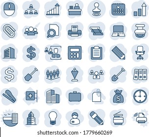 Blue tint and shade editable vector line icon set - stamp vector, office building, growth statistic, dollar sign, pennant, team, mouse, notebook pc, money bag, bulb, job, pencil, medical calendar