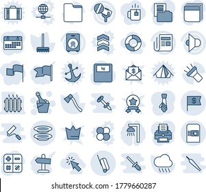 Blue tint and shade editable vector line icon set - coffee machine vector, suitcase, champagne, calculator, rake, rain, axe, scales, microphone, news, speaker, folder, torch, dollar flag, calendar