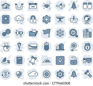 Blue tint and shade editable vector line icon set - passport vector, globe, christmas tree, bell, snowman, settings, brightness, place tag, dollar exchange, money bag, calculator, office building