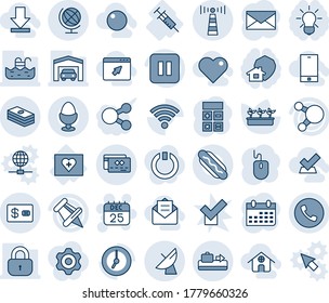 Blue tint and shade editable vector line icon set - antenna vector, baggage conveyor, phone, satellite, globe, 25 dec calendar, mail, calculator, mouse, seedling, first aid kit, syringe, share, pool