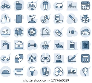 Blue tint and shade editable vector line icon set - abacus vector, crisis graph, document, stamp, sproute, lady bug, dropper, patch, barbell, bike, lungs, implant, eye, phone back, calculator, pie