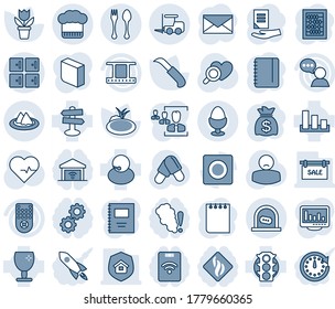 Blue tint and shade editable vector line icon set - spoon and fork vector, ticket office, loader, checkroom, mail, abacus, notepad, money bag, document, flower in pot, garden knife, pond, diagnostic