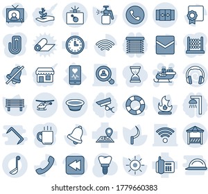 Blauer Farbtint und Farbtöne bearbeitbare Vektorsymbol-Set - automatische Tür, Vektorgrafik, Telefon, Bombe für den Fall, Hubschrauber, Santa-Schlitten, Feuer, Sonne, Sichel, Bank, Gartenspritzer, Implantat, mobiler Herzmonitor, Matte