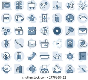 Blue tint and shade editable vector line icon set - coffee machine vector, phone, passport, firework, christmas mobile, mail, mouse, presentation board, tree, house, fireplace, heart hand, doctor