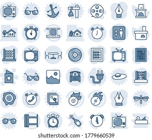 Blue tint and shade editable vector line icon set - elevator vector, alarm clock, tv, cafe, phone, star postcard, abacus, stamp, fireplace, film frame, vinyl, flame disk, gallery, money chest, coil