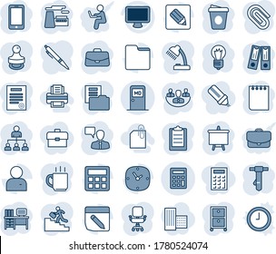 Blue tint and shade editable vector line icon set - medical room vector, mobile phone, speaking man, hierarchy, case, office binder, desk, notepad, tie, presentation board, coffee, bulb, factory