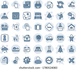 Blue tint and shade editable vector line icon set - baggage conveyor vector, no smoking, female, reception, shower, area sign, recieptionist, globe, christmas tree, snowfall, manager place, house