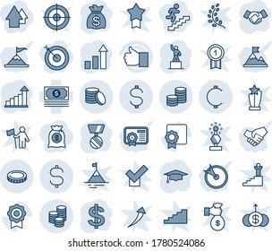 Tinta azul y sombra editable conjunto de iconos de línea vector - vector de apretón de manos, estadística de crecimiento, signo de dólar, pedestal, medalla, graduado, bolsa de dinero, efectivo, dedo arriba, sertificado, céntimo, moneda, objetivo, carrera
