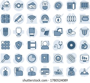 Blue tint and shade editable vector line icon set - radar vector, checkroom, pennant, money bag, statistic monitor, pulse, stethoscope, tomography, heart shield, disabled, term, folder document, key