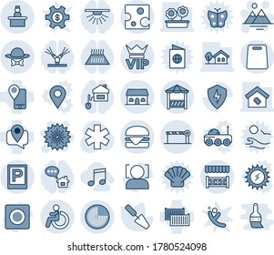 Blue tint and shade editable vector line icon set - parking vector, vip, disabled, radar, barrier, recieptionist, firework, mountains, trowel, ambulance star, mobile tracking, cargo container, music