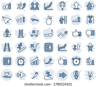 Blue tint and shade editable vector line icon set - elevator vector, alarm clock, fork loader, right arrow, ladder, push ups, pull, up side sign, no trolley, finger, down, career, volume max, graph