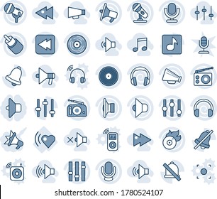 Blue tint and shade editable vector line icon set - heart beat vector, vinyl, flame disk, microphone, radio, speaker, loudspeaker, settings, headphones, rewind, rca, tuning, bell, mute, music, low
