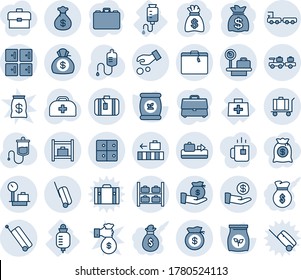 Blue tint and shade editable vector line icon set - suitcase vector, baggage conveyor, larry, luggage storage, scales, checkroom, truck, room, case, money bag, fertilizer, doctor, dropper, portfolio