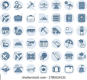 Blue tint and shade editable vector line icon set - plane vector, runway, suitcase, airport bus, umbrella, passport, ladder car, helicopter, seat map, luggage storage, scales, globe, tower, schedule