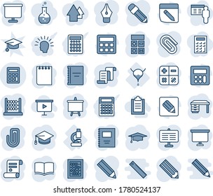 Blue tint and shade editable vector line icon set - contract vector, book, calculator, graduate, abacus, desk, notepad, presentation board, pencil, lab, bladder, notes, copybook, paper clip, ink pen