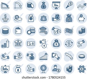 Blue tint and shade editable vector line icon set - growth statistic vector, money bag, crisis graph, coin, dollar exchange, bank, account, piggy, investment, cash pay, encashment, wallet, check