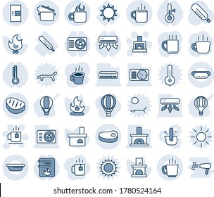 Blue tint and shade editable vector line icon set - hot cup vector, coffee machine, fireplace, tea, fire, thermometer, sun, air conditioner, steak, dog, bowl, steaming pan, water heater, balloon