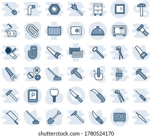 Blue tint and shade editable vector line icon set - safe vector, parking sign, job, saw, hoe, garden knife, implant, cargo container, paper clip, dish, casting of steel, hammer, sledgehammer, mason