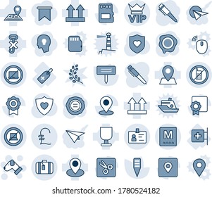 Tinta azul y sombra editable conjunto de iconos de línea vector - sin vector móvil, laptop, vip, maleta, signo de computadora, identidad, perro, pluma, sello, etiqueta de planta, escudo cardíaco, sala de primeros auxilios, médico, navegación