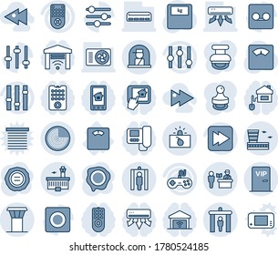 Blue tint and shade editable vector line icon set - airport tower vector, passport control, security gate, radar, metal detector, terrorism, officer window, building, stamp, scales, floor, gamepad