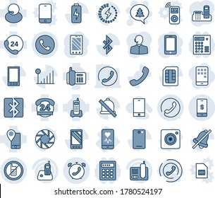 Blue tint and shade editable vector line icon set - phone vector, no mobile, alarm, merry christmas message, heart monitor, office, 24 hours, support, tracking, radio, back, call, camera, sim, mute