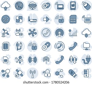 Blue tint and shade editable vector line icon set - wireless notebook vector, antenna, phone, satellite, network, share, chain, rca, call, sim, data exchange, cellular signal, right arrow, folder