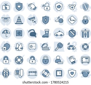 Blue tint and shade editable vector line icon set - security gate vector, smoking place, border cone, safe, lock, barrier, insurance, safety car, terrorism, glove, boot, hose, heart shield, protect