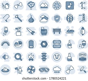 Blue tint and shade editable vector line icon set - clouds vector, snowmobile, bench, dropper, broken bone, drop counter, lemon slice, onion, traffic light, low battery, themes, music, dollar smile