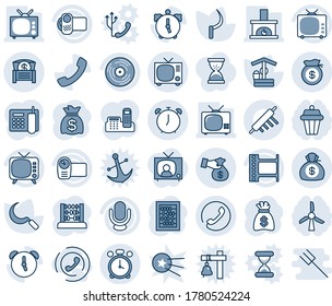 Blue tint and shade editable vector line icon set - alarm clock vector, phone, tv, abacus, money bag, well, sickle, film frame, vinyl, video camera, microphone, call, chest, encashment, office, horn