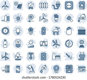 Blue tint and shade editable vector line icon set - fire vector, pull ups, milk, torch, brightness, battery, charge, desk lamp, sun panel, windmill, heater, factory, home control, eco house, socket