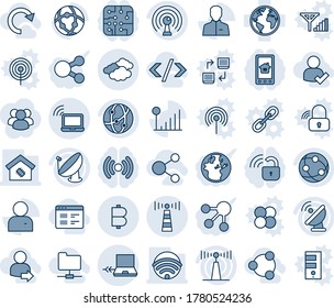 Tinta azul y sombra editable conjunto de iconos de línea vectorial - vector antena, portátil inalámbrico, nubes, conexión, tierra, satélite, red, usuario, señal celular, bitcoin, hogar inteligente, sitio web, inicio de sesión, comprobación
