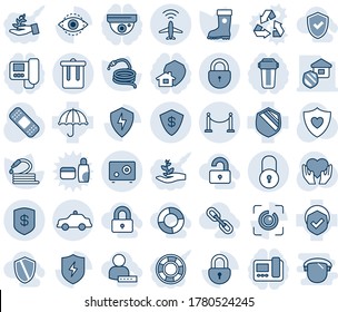 Blue tint and shade editable vector line icon set - plane radar vector, fence, trash bin, lock, safety car, boot, hose, patch, heart shield, hand, umbrella, protect, eye id, safe, estate insurance