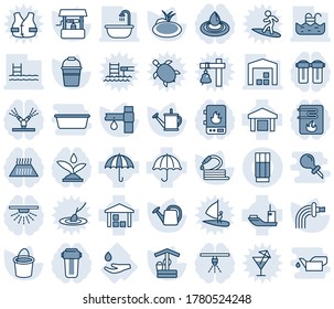 Blue tint and shade editable vector line icon set - watering can vector, bucket, well, hose, pond, drip irrigation, drop hand, sea shipping, umbrella, warehouse, pool, bathroom, drink, water heater