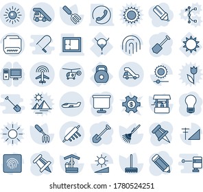 Blue tint and shade editable vector line icon set - ladder car vector, plane radar, trap truck, sun, small, helicopter, drawing pin, bulb, job, pencil, garden fork, rake, well, bladder, weight, hdmi