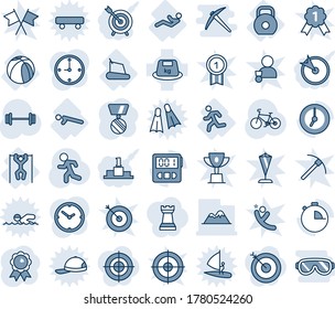 Tinta azul y sombra editable conjunto de íconos de línea vectorial - vectores de medalla, barbell, bicicleta, correr, treadmill, empujones, tirones, músculos abdominales, baloncesto, peso, pesado, reloj, cronómetro, montañas, oro