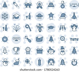 Blue tint and shade editable vector line icon set - cafe vector, christmas tree, gift, santa claus, sock, garland, bow, snowman, lollipop, hat, firework rocket, wreath, cake, wine, champagne, angel
