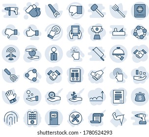 Blue tint and shade editable vector line icon set - passport vector, medical room, plane radar, gloves, document, garden fork, farm, glove, saw, heart hand, power, spoon plate, touch screen, purse