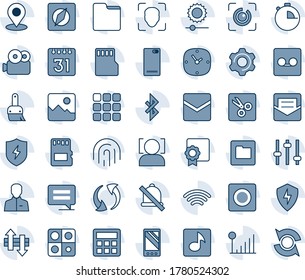 Blue tint and shade editable vector line icon set - mobile vector, phone back, menu, message, update, gallery, protect, settings, tuning, themes, user, calculator, clock, stopwatch, mail, record, sd