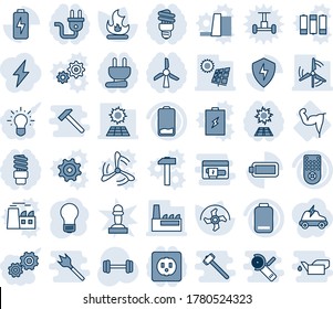 Blue tint and shade editable vector line icon set - bulb vector, ripper, fire, barbell, power hand, remote control, low battery, protect, charge, sun panel, windmill, factory, socket, plug, gear