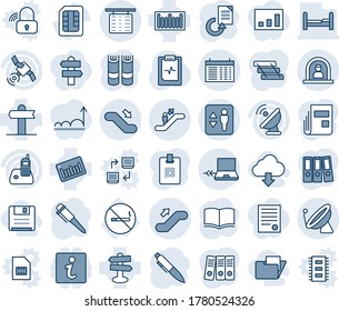 Blue tint and shade editable vector line icon set - satellite antenna vector, elevator, escalator, reception, flight table, up, down, notebook connect, schedule, book, pen, document reload, signpost